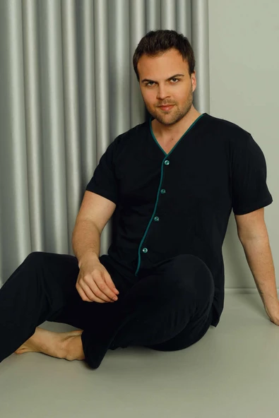 Boydan Düğmeli Kısa Kol Erkek Pijama Takım Lacivert ürün görseli 1