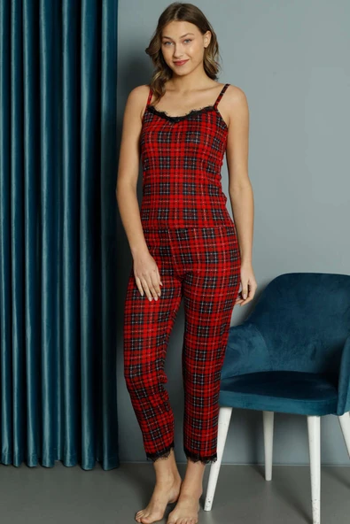 Ekose Desenli Dantelli İp Askılı Pijama Takımı Kırmızı - Resim 2