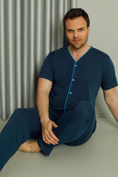 Boydan Düğmeli Kısa Kol Erkek Pijama Takım İndigo - Resim 2