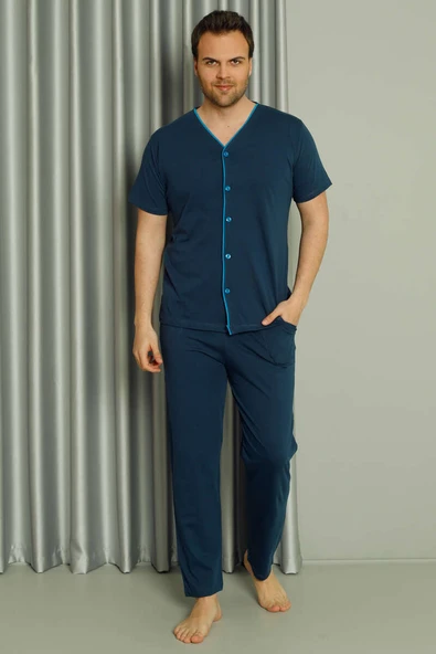 Boydan Düğmeli Kısa Kol Erkek Pijama Takım İndigo ürün görseli 1