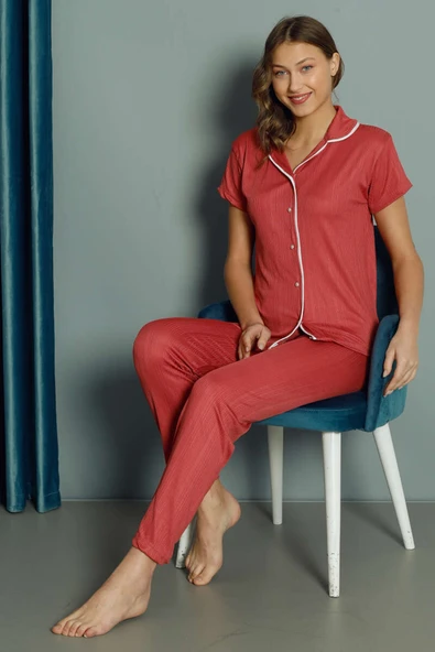 Gömlek Yaka Kadın Pijama Takım Gül Kurusu - 2