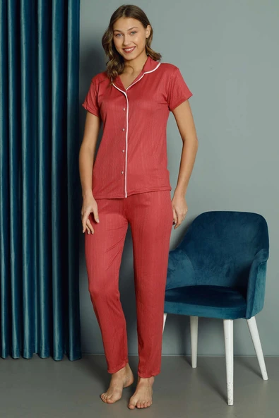 Gömlek Yaka Kadın Pijama Takım Gül Kurusu