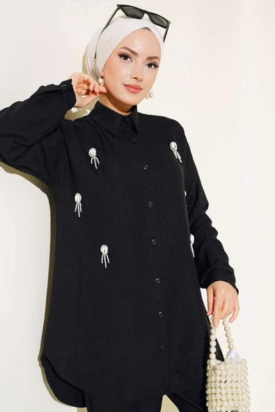 Deniz Kabuğu İşlemeli İkili Takım Siyah - Resim 2