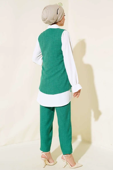 Süveter Taş Detaylı Üçlü Takım Yeşil - Resim 3