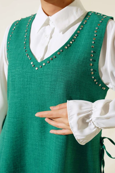 Süveter Taş Detaylı Üçlü Takım Yeşil - Resim 4