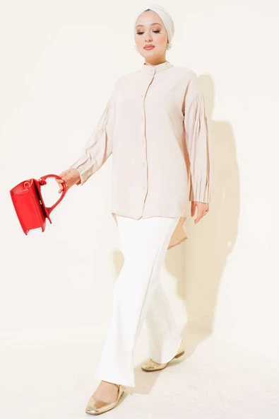 Manşet Büzgülü Tunik Bej - Resim 2