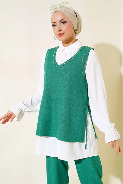 Süveter Taş Detaylı Üçlü Takım Yeşil - Resim 2