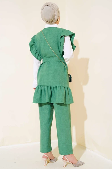 Omuz Fıfırlı Üçlü Keten Takım Yeşil - Resim 3