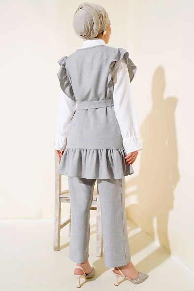 Omuz Fıfırlı Üçlü Keten Takım Gri - Resim 3