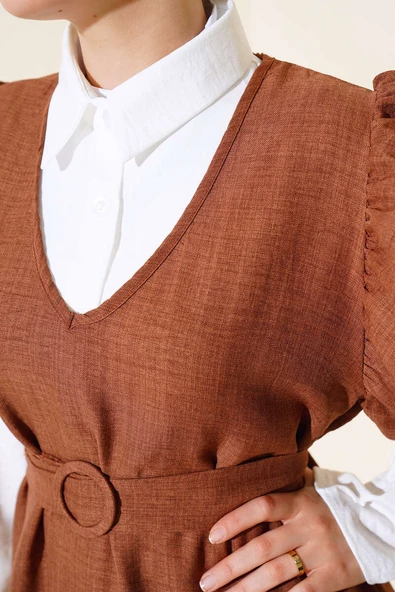 Omuz Fıfırlı Üçlü Keten Takım Kahve - Resim 4