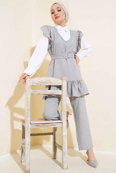 Omuz Fıfırlı Üçlü Keten Takım Gri ürün görseli 1