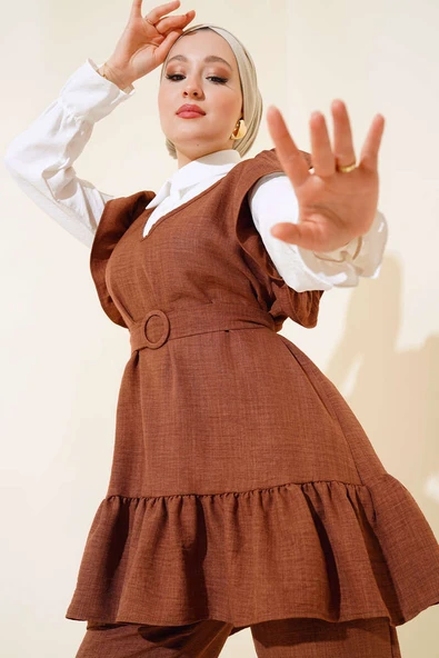 Omuz Fıfırlı Üçlü Keten Takım Kahve - Resim 2