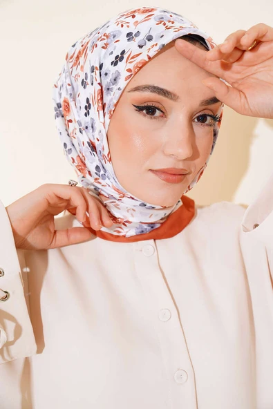 Çiçekli Pamuk Eşarp Kiremit - 2