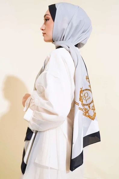 Kenarları Desenli Medine Şal Gri - 3