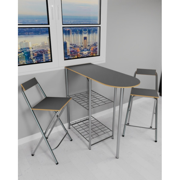 Eportatif Mutfak Bar Masa Sandalye Takımı Katlanır Bar Sandalye 2 Kişilik Mutfak Masası Gri 1297 - Resim 2