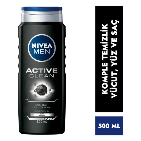 Nivea Men Erkek Duş Jeli Active Clean 500 ml,Vücut,Yüz ve Saç İçin, 24 Saat Ferahlık