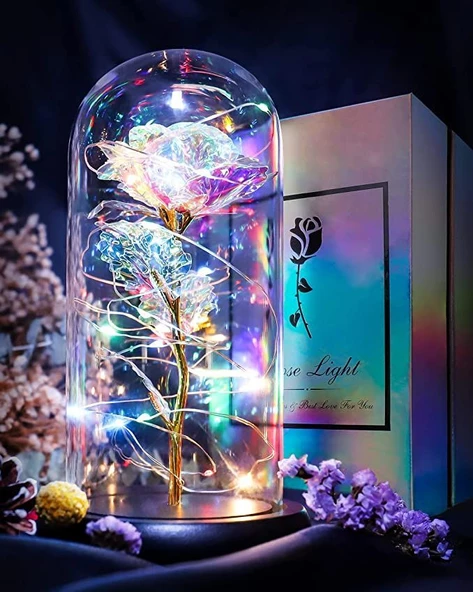 Sevgililer Günü Dekoratif Rengarenk Peri Led Işıklı Solmayan Sonsuzluk Gülü Fanuslu Gece Lambası - 2