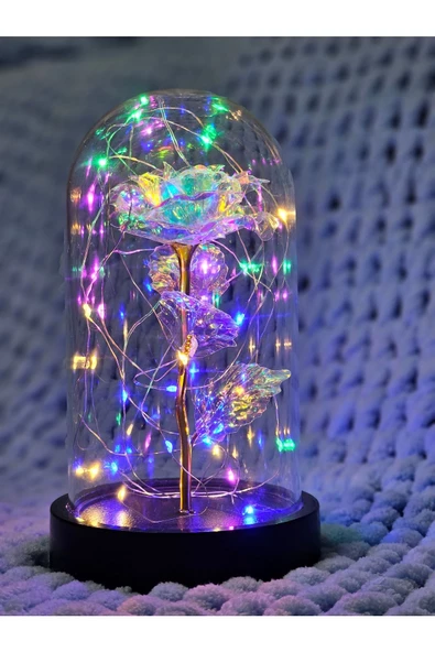 Sevgililer Günü Dekoratif Rengarenk Peri Led Işıklı Solmayan Sonsuzluk Gülü Fanuslu Gece Lambası - 3