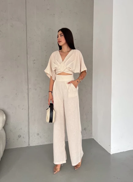 KETEN CROP TAKIM ikili Keten Bluz Pantolon Alt Üst Takım - 7