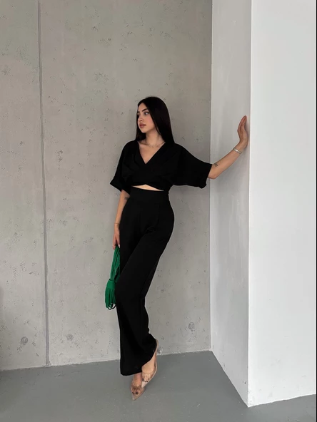 KETEN CROP TAKIM ikili Keten Bluz Pantolon Alt Üst Takım - 4