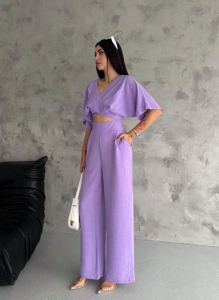 KETEN CROP TAKIM ikili Keten Bluz Pantolon Alt Üst Takım - 9