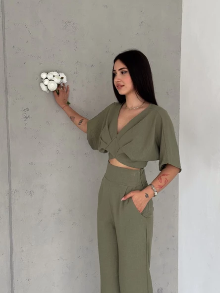 KETEN CROP TAKIM ikili Keten Bluz Pantolon Alt Üst Takım - 2