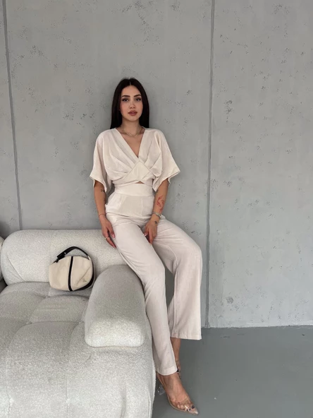 KETEN CROP TAKIM ikili Keten Bluz Pantolon Alt Üst Takım - 6