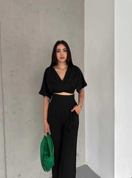 KETEN CROP TAKIM ikili Keten Bluz Pantolon Alt Üst Takım - 3