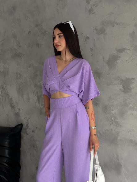 KETEN CROP TAKIM ikili Keten Bluz Pantolon Alt Üst Takım - 8