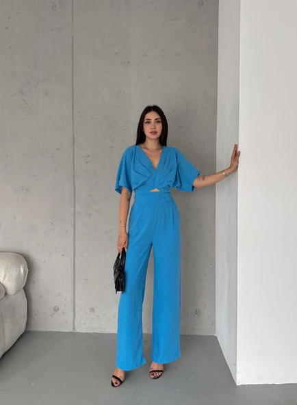 KETEN CROP TAKIM ikili Keten Bluz Pantolon Alt Üst Takım - 10