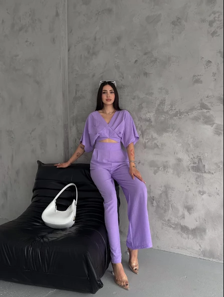 KETEN CROP TAKIM ikili Keten Bluz Pantolon Alt Üst Takım - 11