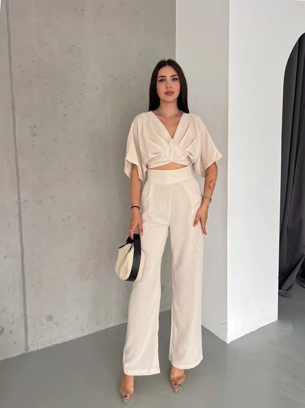 KETEN CROP TAKIM ikili Keten Bluz Pantolon Alt Üst Takım - 5