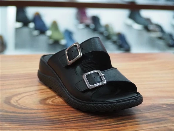 SİYAH HAKİKİ DERİ KADIN TERLİK - Resim 2