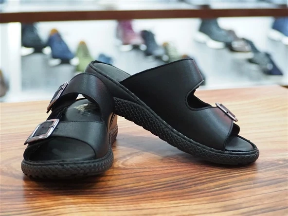 SİYAH HAKİKİ DERİ KADIN TERLİK - Resim 5