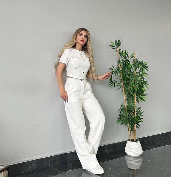 İthal ATLAS KUMAŞ ÖZEL DİKİLMİŞ TAŞ TASARIMLI İKİLİ TAKIM TİŞÖRT PANTOLON - 6