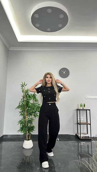 İthal ATLAS KUMAŞ ÖZEL DİKİLMİŞ TAŞ TASARIMLI İKİLİ TAKIM TİŞÖRT PANTOLON - 2