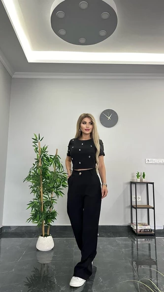 İthal ATLAS KUMAŞ ÖZEL DİKİLMİŞ TAŞ TASARIMLI İKİLİ TAKIM TİŞÖRT PANTOLON - 9