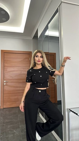 İthal ATLAS KUMAŞ ÖZEL DİKİLMİŞ TAŞ TASARIMLI İKİLİ TAKIM TİŞÖRT PANTOLON - 5