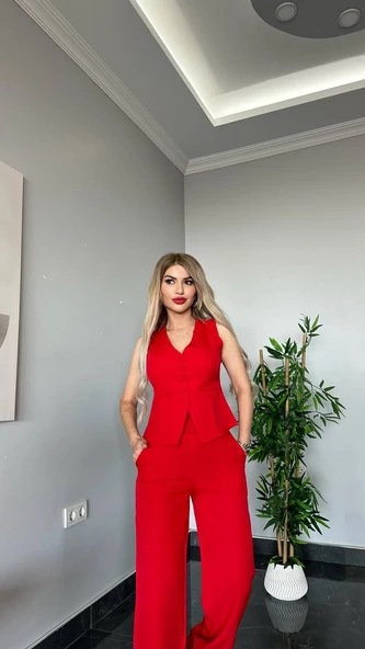 PANTALON YELEKLİ TAKIM İTHAL DABIL KUMAŞ Kadın Düğmeli Yelek Palazzo Geniş Paça Pantolon Ikili Takım - 4