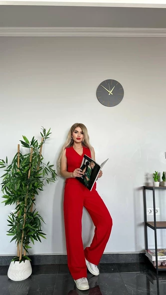 PANTALON YELEKLİ TAKIM İTHAL DABIL KUMAŞ Kadın Düğmeli Yelek Palazzo Geniş Paça Pantolon Ikili Takım - 3