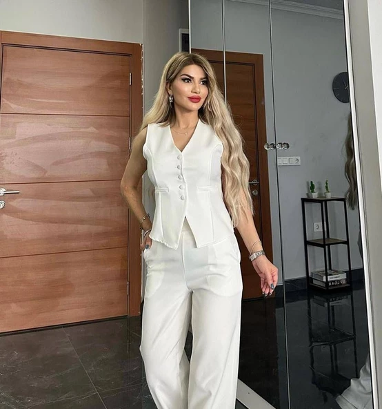 PANTALON YELEKLİ TAKIM İTHAL DABIL KUMAŞ Kadın Düğmeli Yelek Palazzo Geniş Paça Pantolon Ikili Takım - 2