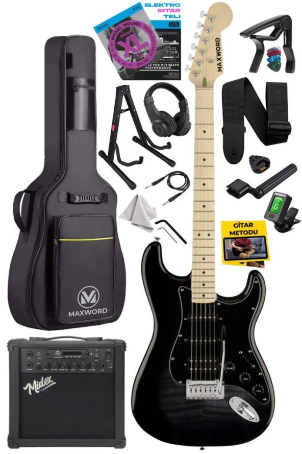 Maxword MAP-45BK-25AMP 25W Şarjlı BT Amfili  Siyah Elektro Gitar Seti HSS Manyetik Maple Klavye Strat Kasa