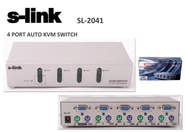 S-link 4 Portlu Ps2 1.8M M/M Kablolu Otomatik Kvm Switch