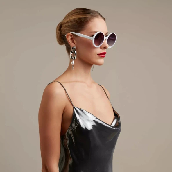 Okkia Monica Unisex Büyük Yuvarlak  Güneş Gözlüğü Beyaz - Resim 3