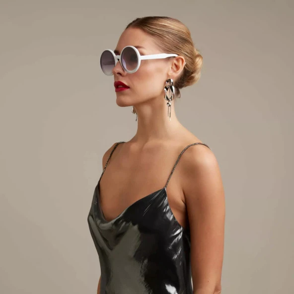 Okkia Monica Unisex Büyük Yuvarlak  Güneş Gözlüğü Beyaz - Resim 4