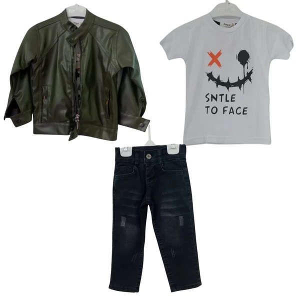 PAMPAL DERİ CEKETLİ ÜÇLÜ ERKEK ÇOCUK TAKIM