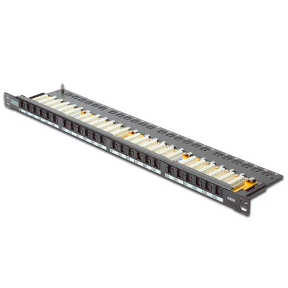 Digitus 19" 24 port Cat-6 UTP Patch Panel, 8P8C, LSA, 0,5U boyut, tozdan korumak için kapaklı, zırhsız, siyah renk