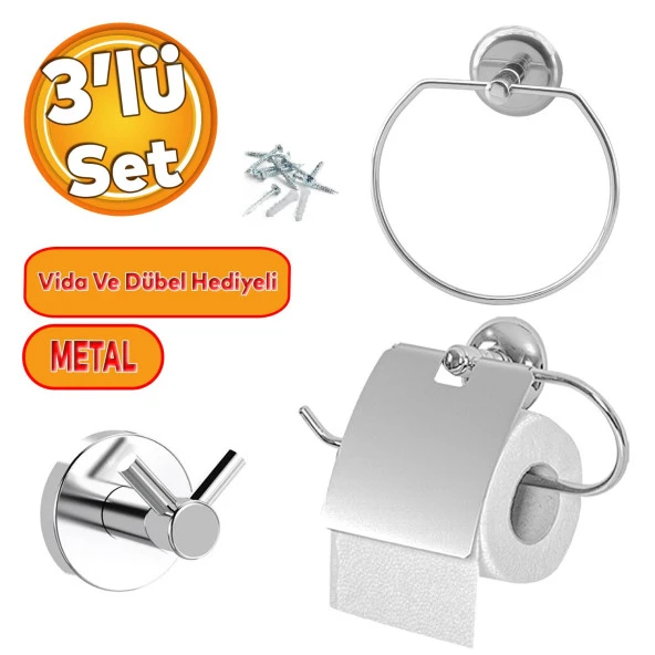 Krom Metal Sağlam Aparat Vidalı Lavabo Banyo Wc Bez Havlu Çatal Askı Tuvalet Kağıtlık 3'lü Set