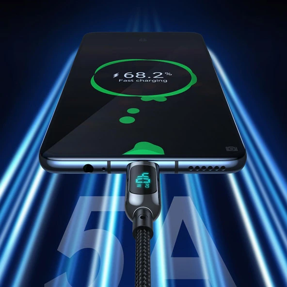 Dijital Göstergeli PD 100W Type-C to Type-C Hızlı Şarj ve Data Kablosu Örgülü Siyah - 4