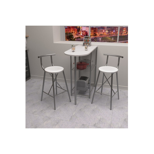 Eportatif Mutfak Bar Masa Sandalye Takımı Oval Bar Sandalye 2 Kişilik Mutfak Masası Beyaz 1317